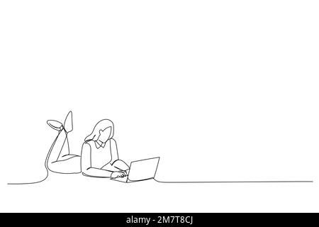 Drawing of woman lie floor work laptop get incredible blogging notification Single Line art Stock Vector