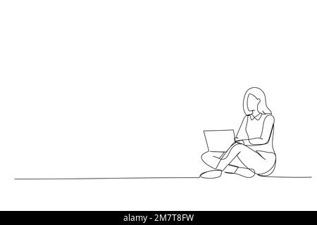 Drawing of woman using laptop while sitting on floor Continous Line art Stock Vector