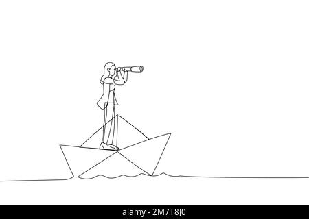 Illustration of businesswoman looks through a telescope standing on paper boat vector, business concept illustration. One continuous line art style Stock Vector