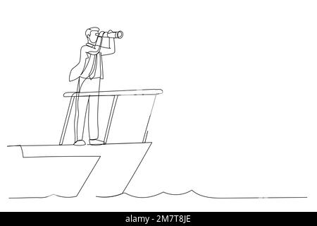 Cartoon of smart businessman boat captain control steering wheel helm with telescope vision. Business leadership and visionary to lead company success Stock Vector