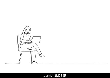 Cartoon of manager ceo lady sit chair use device netbook online communicate single continuous line art style Stock Vector