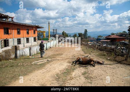 Shan State, Myanmar. 14th Dec, 2022. Six days of fighting between the security and the Ta'ang National Liberation Army (TNLA) have destroyed almost all the houses in a Konethar village in Namhsan Township, northern Shan State. Myanmar Security forces raided a village and burned down the houses of the residents and killed their animals. Credit: SOPA Images Limited/Alamy Live News Stock Photo