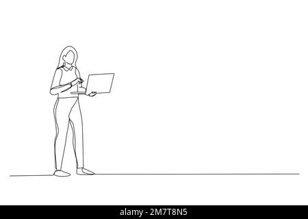 Illustration of happy woman using laptop computer one line style art Stock Vector