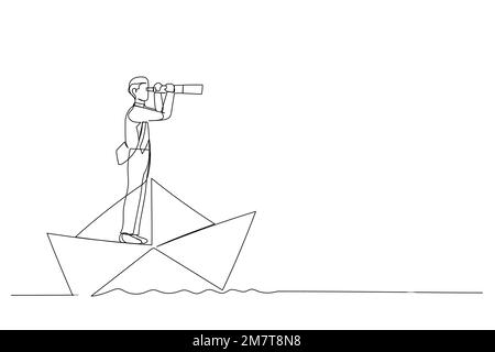 Illustration of businessman looks through a telescope standing on paper boat vector, business concept illustration. One continuous line art style Stock Vector
