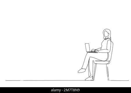 Drawing of Young Asian woman teen smiling sitting on chair using laptop computer Continuous line art Stock Vector