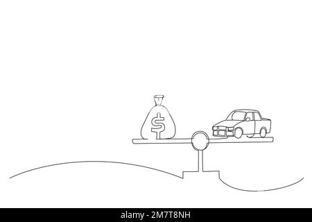 Cartoon of car and money on scales. Buying car metaphor. Single continuous line art style Stock Vector