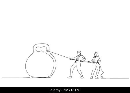 Cartoon of Businessman and businesswoman pulling a heavy business on their shoulders. Continuous line art Stock Vector