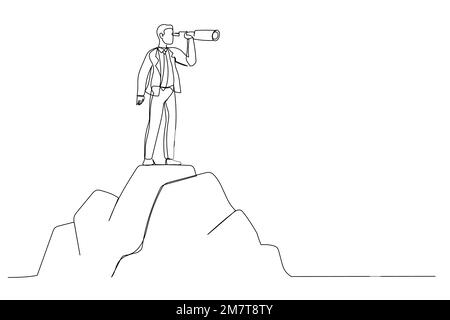 Cartoon of man standing on top of mountain, Looking of success. Business finance, leadership, business Startup. Single continuous line art style Stock Vector