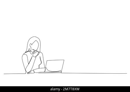 Drawing of Young Asian businesswoman is happy to work at the modern office using a tablet. single continuous line art Stock Vector