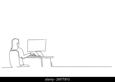 Drawing of Industrial female Engineer Working on a Personal Computersingle line art style Stock Vector