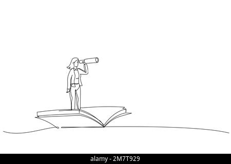 Drawing of businesswoman using telescope on flying book. Knowledge, references, opportunity, vision in business. Single line art style Stock Vector