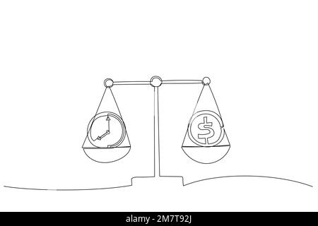 Illustration of businessman hand holds white mechanical scales with dollar coin and clock in pans. One continuous line art style Stock Vector