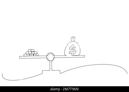 Drawing of pills and dollar coin on seesaw weight scale. Medicine, money, drug, cost, price and health metaphor. Single line art style Stock Vector