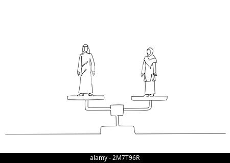Cartoon of arab business man and hijab business woman standing on balance scales. Opportunities in workplace concept. Continuous line art Stock Vector