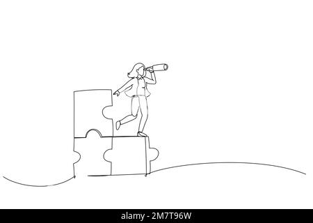Drawing of businesswoman standing on uncompleted jigsaw looking for missing piece. Finding solution concept. Single line art style Stock Vector