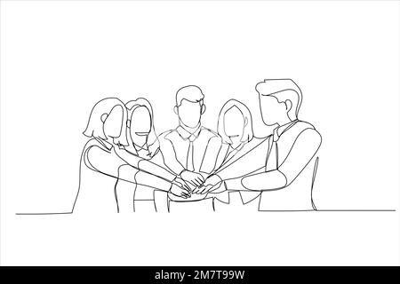 Illustration of picture of happy business team celebrating victory in office. One line style art Stock Vector