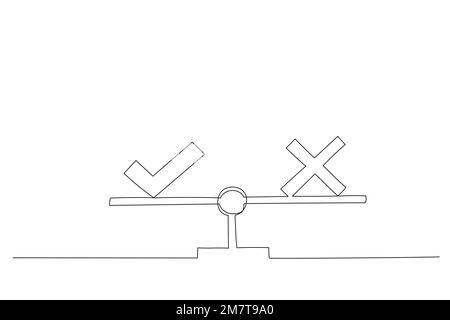 Cartoon of weight scales weighing cross and check mark. Choice, decision concept. Single continuous line art style Stock Vector