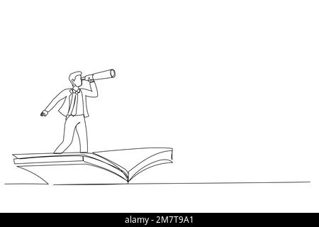 Drawing of businessman using telescope on flying book. Knowledge, references, opportunity, vision in business. Single line art style Stock Vector