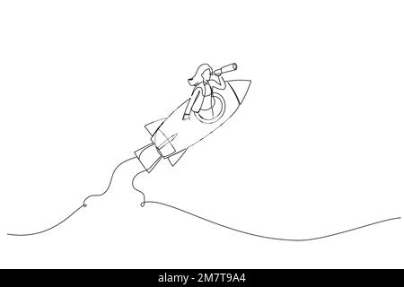 Drawing of businesswoman manager open rocket window using telescope looking forward. Entrepreneurship, leadership to see future vision. Single continu Stock Vector