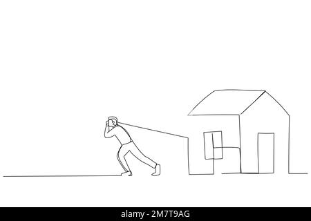 Drawing of man pulled heavy houses. Single continuous line art Stock Vector
