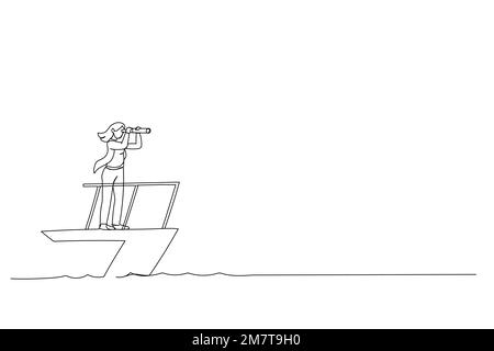 Cartoon of smart businesswoman boat captain control steering wheel helm with telescope vision. Business leadership and visionary to lead company succe Stock Vector