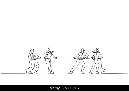 Illustration of Businessmen are pulling rope. Competition concept. One continuous line art style Stock Vector