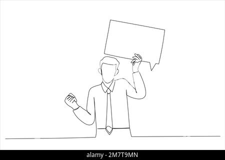 Cartoon of excited young businessman holding speech bubble with empty space. Single continuous line art style Stock Vector