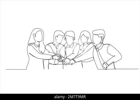 Illustration of happy business team celebrating victory in office. One line art style Stock Vector