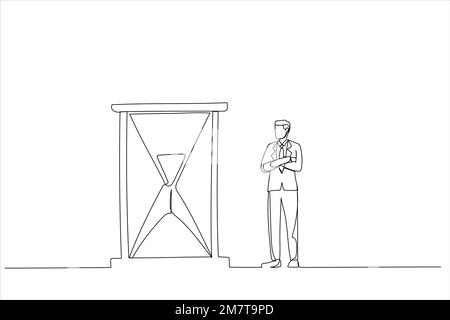 Cartoon of businessman standing and looking at hourglass while time goes by. Patience concept. Continuous line art Stock Vector