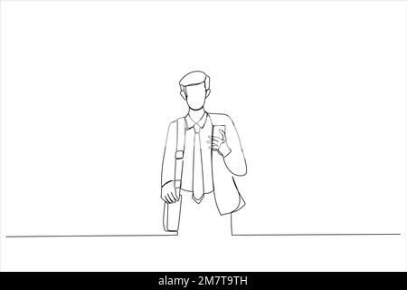 Cartoon of young businessman looking at messages on cellphone while walking in the street in downtown. Continuous line art style Stock Vector