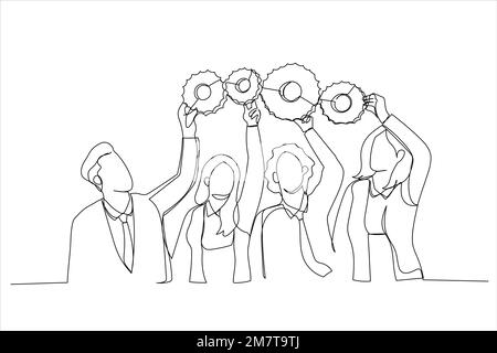 Drawing of colleagues connect cog gear find business solution. Happy employees workers hold cogwheel engaged in teamwork. Single line art style Stock Vector