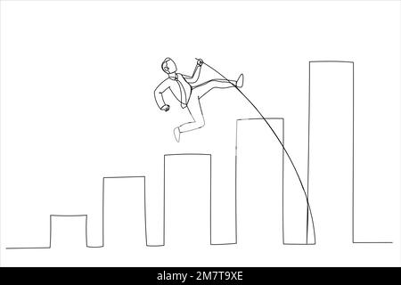 Drawing of businessman jumping pole vault over growth bar graph. Business growth, improvement. Single line art style Stock Vector