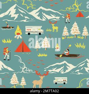 Green camping trip pattern vector with tourist cartoon illustration Stock Vector