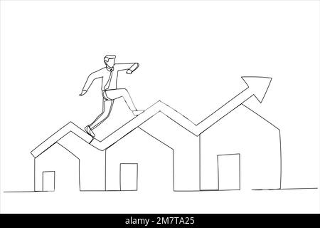 Drawing of businessman running on rising green graph on house roof. Housing price rising up. Single continuous line art Stock Vector