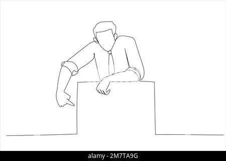 Cartoon of young man standing near blank poster. Single continuous line art style Stock Vector