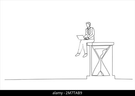 Illustration of businessman sitting on the hourglass with laptop legs crossed. Time management and procrastination concept. One line style art Stock Vector