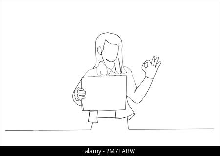 Illustration of beautiful woman holding blank empty banner doing ok sign with fingers. One line art style Stock Vector