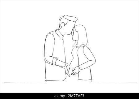 Drawing of loving couple waiting for baby, young husband touching pregnant wife belly. Single line art style Stock Vector