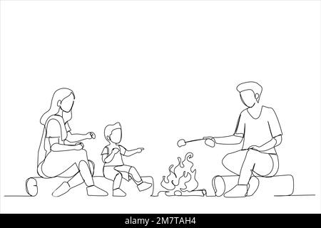 Illustration of family sitting at campfire together, singing song, playing guitar, marshmallows on fire. One line style art Stock Vector