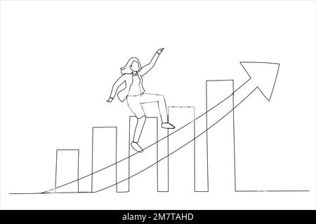 Drawing of smart businesswoman company leader riding skateboard fast on rising up profit graph diagram. Single line art style Stock Vector