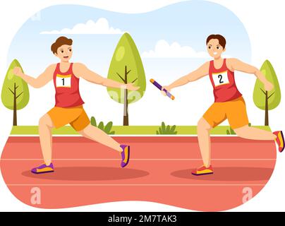 Relay Race Illustration by Passing the Baton to Teammates Until Reaching the Finish Line in a Sports Championship Flat Cartoon Hand Drawing Template Stock Vector