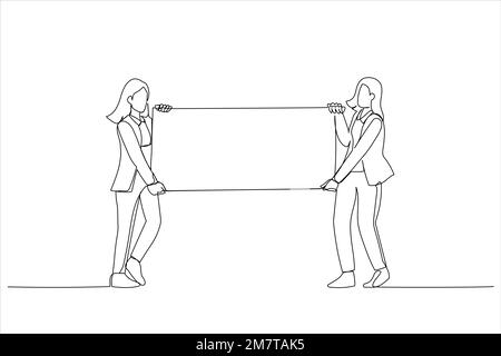 Cartoon of two casual business women carrying a blank panel. Continuous line art style Stock Vector