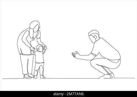 Illustration of happy family playing and baby learning to walk at home. One line art style Stock Vector