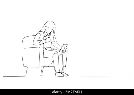 Drawing of young business woman wearing a suit using his phone feeling excited and rejoices while looking at the phone. Single line art style Stock Vector