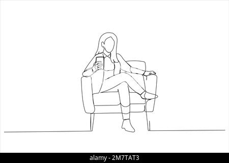 Illustration of woman using smartphone advertising new mobile application, texting online sitting in armchair. One line art style Stock Vector