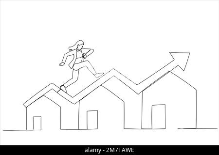 Drawing of businesswoman running on rising green graph on house roof. Housing price rising up. Single continuous line art Stock Vector