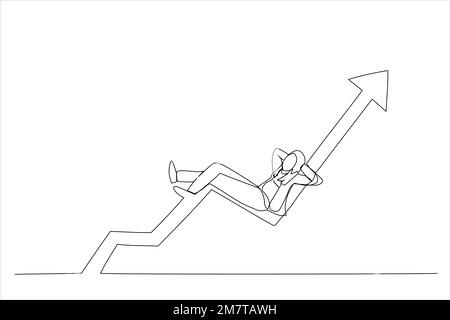 Cartoon of businesswoman investor relax and sleep on growing graph. Success investment earn more profit or easy growing return. Single continuous line Stock Vector