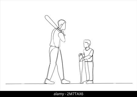 Cartoon of father teaching his son how to play baseball. Single continuous line art style Stock Vector