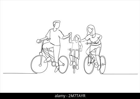 Illustration of traveling with family holiday together. Ecotourism by bicycle. One line art style Stock Vector