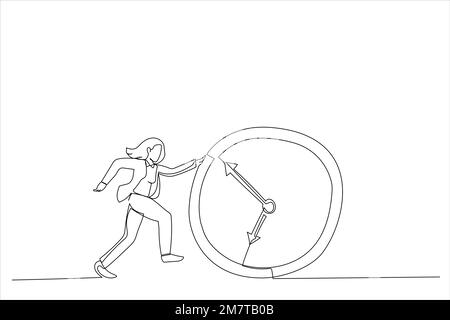 Illustration of Businesswoman Running Behind Running Clock. One continuous line art style Stock Vector
